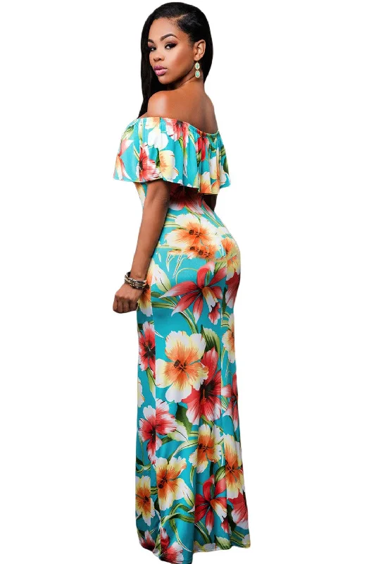 Turquoise Roses Print Off-the-shoulder Maxi Dress