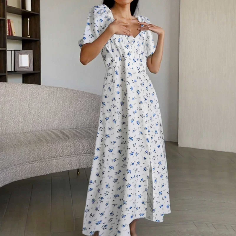 Vintage Floral Print Chiffon Maxi Dress