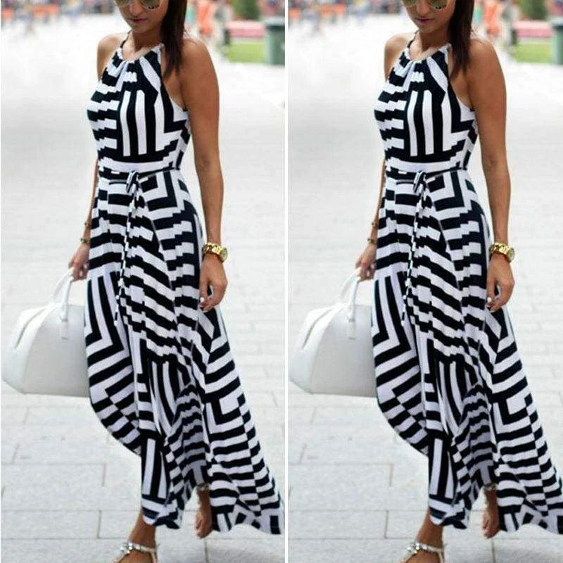 FashionSierra - Women Ladies Maxi Boho Floral Long Dress Casual Summer Beach Long Dress Striped Sleeveless High Waist Dress New arrival Sundress