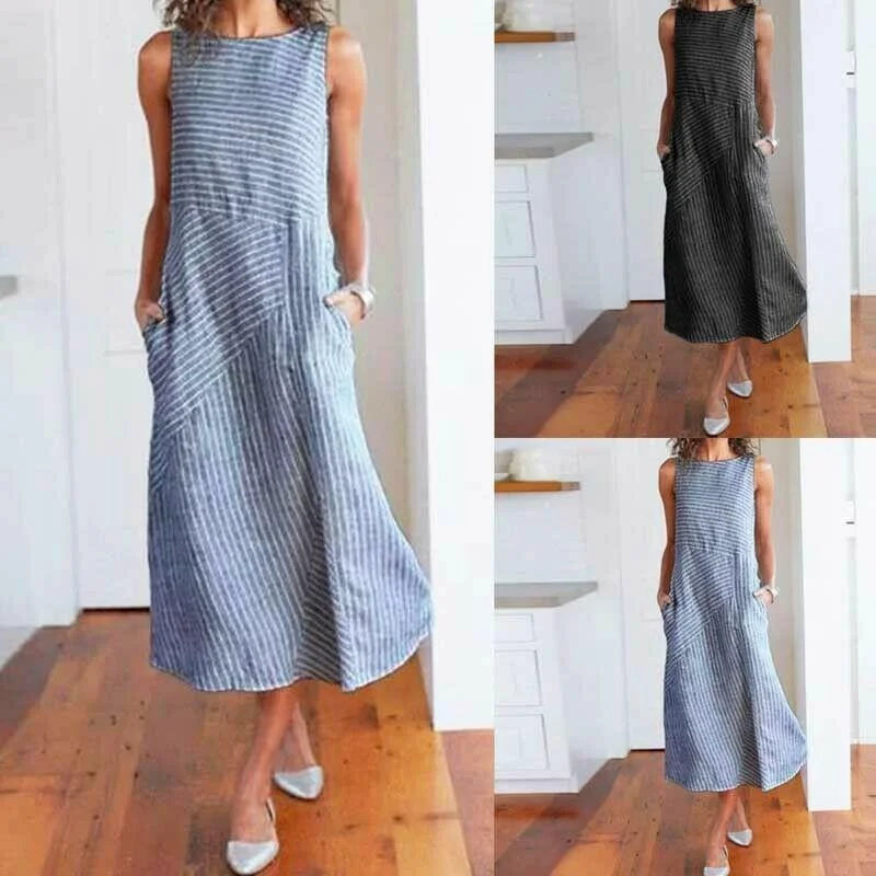 FashionSierra - Women Stripe Print Summer Bohemia Long Dress Ladies Casual Plus Size Pocket Loose Boho Beach Holiday Maxi Sundress