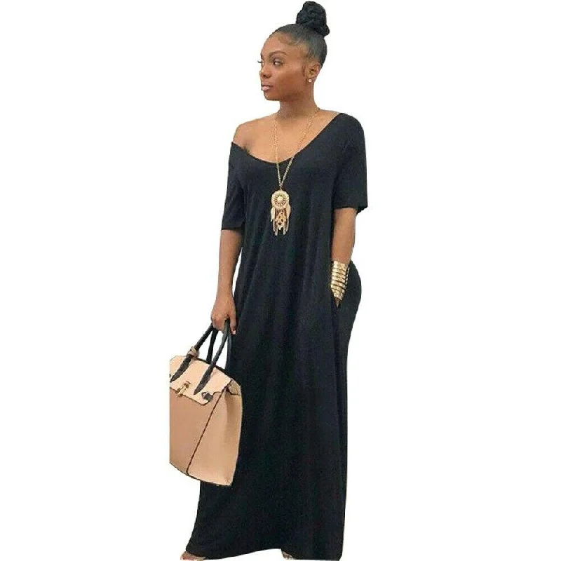 FashionSierra - Women Summer Holiday Short Sleeve Baggy Off Shoulder Kaftan Maxi Oversized Dress Solid Casual Pocket Sundress