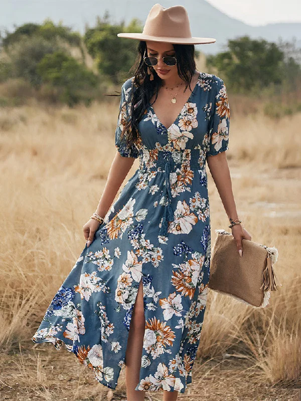 Women V-Neck Short Sleeve Bandage High Waist Print Maxi Dresses