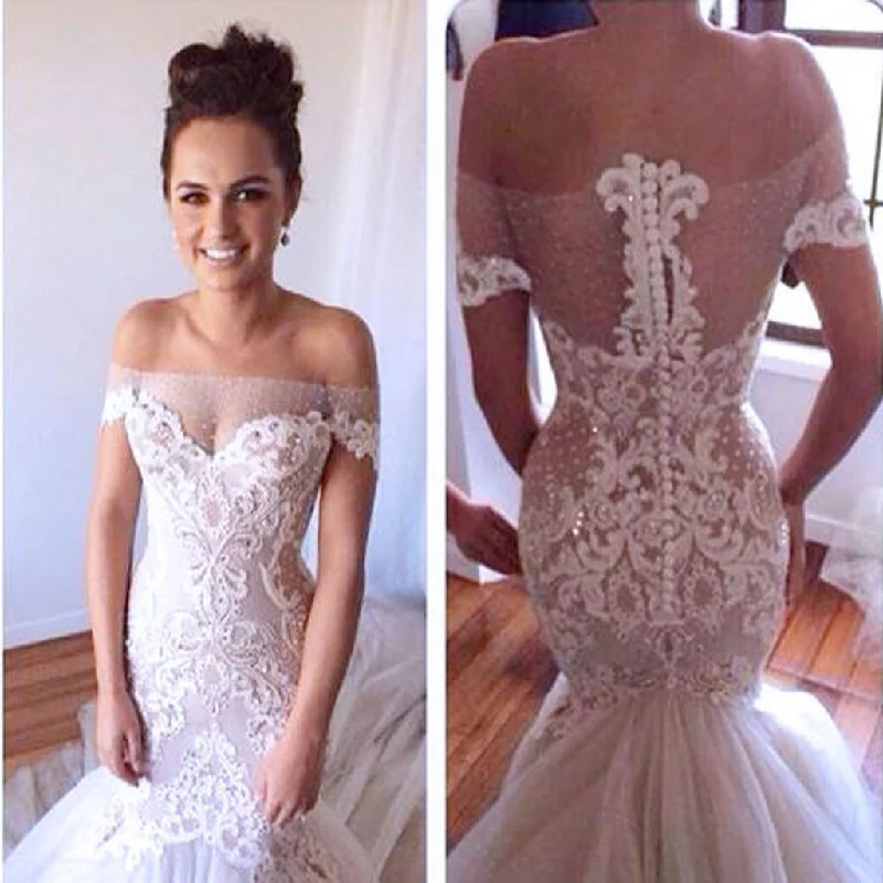 High Quality Off Shoulder Sexy See Through Mermaid Lace Wedding Party Dresses, WD0061