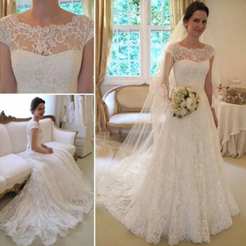 Long A-Line Round Neck Illusion White Lace Wedding Party Dresses, WD0044