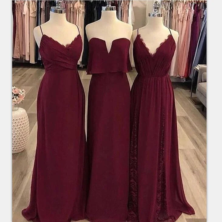 Mismatched  Burgundy Modest Cheap Unique Bridesmaid Dresses, Popular Party Prom Dresses , PD0896