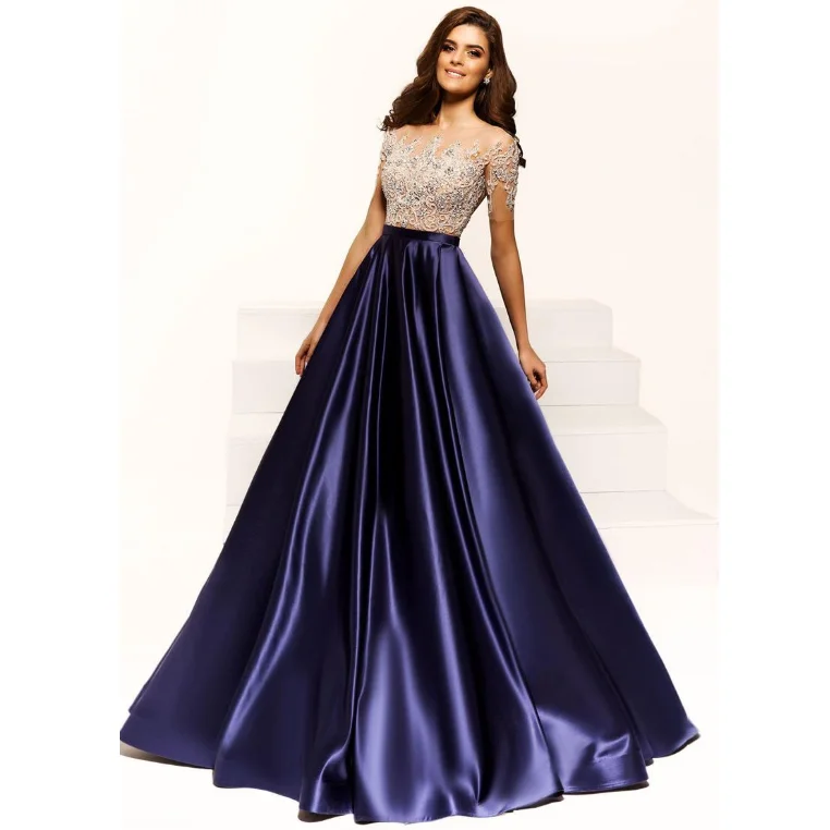 Modest Formal Satin Short Sleeves A-line Prom Dresses With Beaded, Party Dress, Evening Dress,PD1348