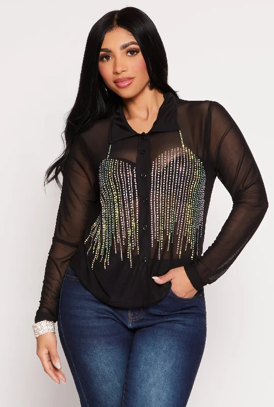 Mesh Rhinestone Studded Button Front Shirt