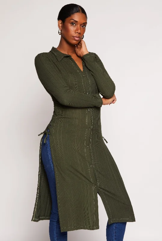 Ribbed Knit Button Front Lace Up Maxi Top