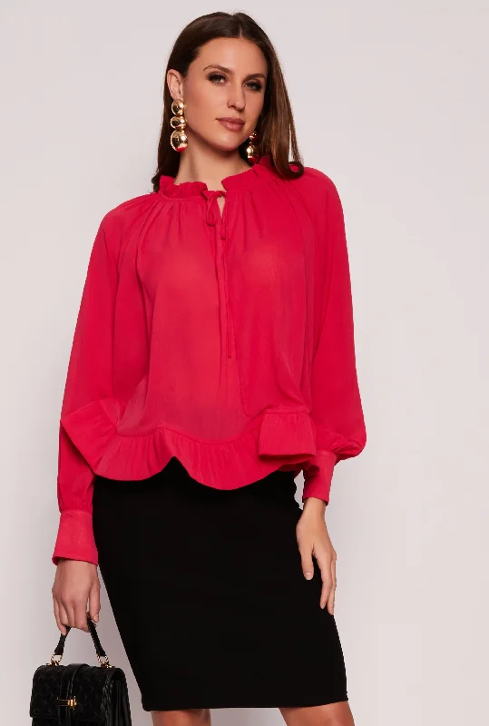 Chiffon Tie Keyhole Long Sleeve Blouse