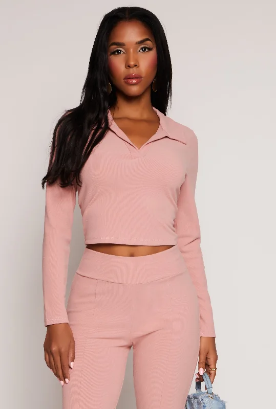 Johnny Collar Long Sleeve Crop Top