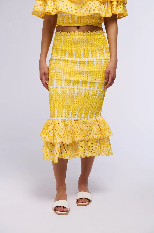 SUMMER LOVING RUFFLE TEXTURED MIDI SKIRT IN YELLOW