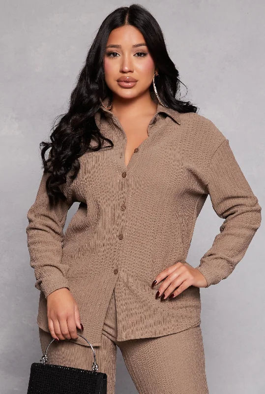 Textured Knit Long Sleeve Button Front Shirt