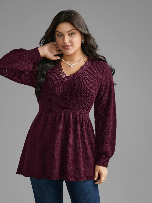 V Neck Lace Panel Lantern Sleeve Pullover